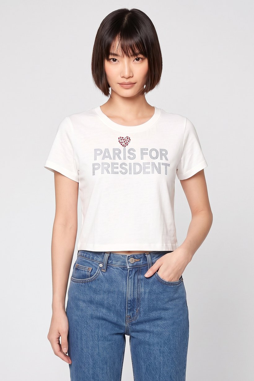 Women Crew Neck Short Sleeve E mbellished T-Shirt, White