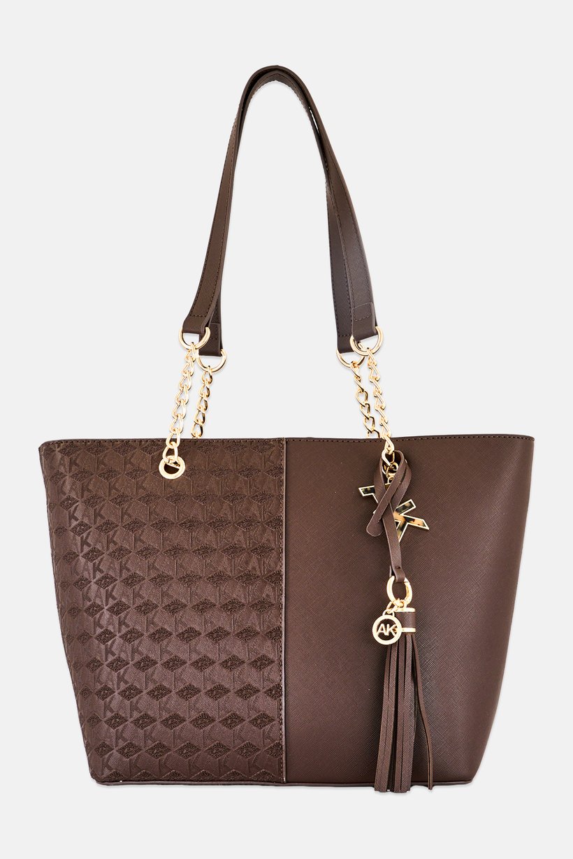 Women Textured Tote Bag, Dark Brown