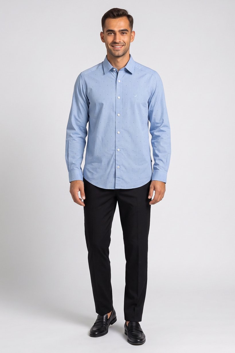 Men Classic Fit Embroidered Logo Long Sleeve Casual Shirt, Light Blue