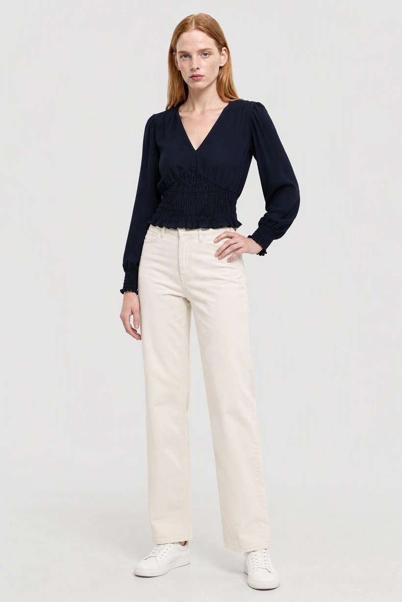 Women V-Neck Long Sleeve Textured Top, Navy