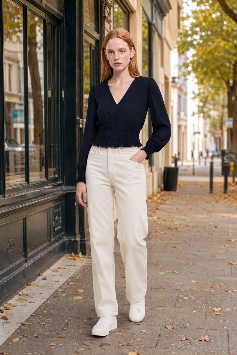 Women V-Neck Long Sleeve Textured Top, Navy