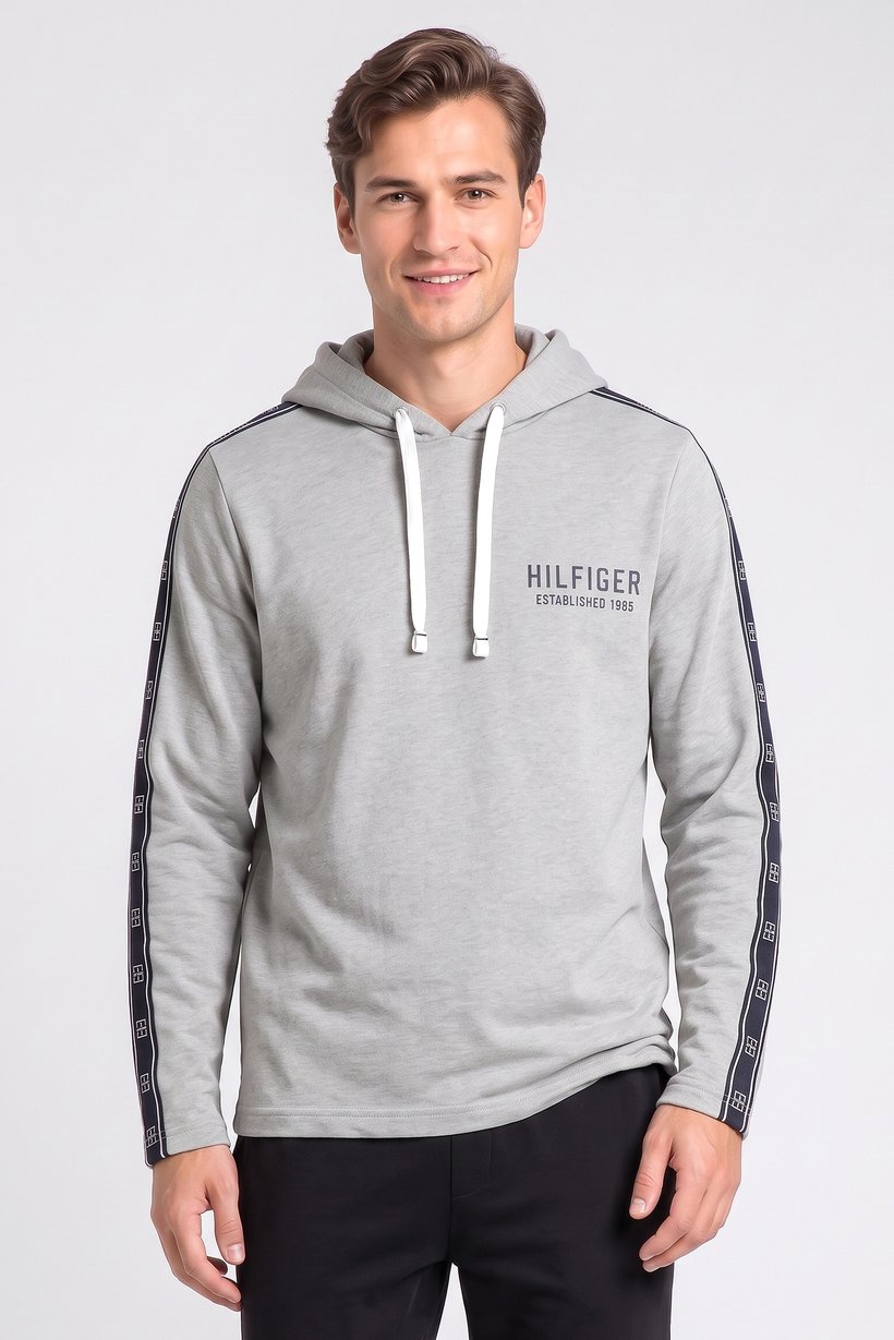 Men Brand Logo Long Sleeve Hooded Sleepwear, Grey