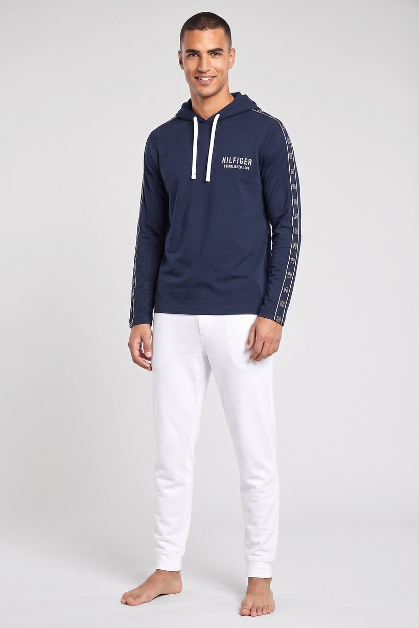 Men Brand Logo Long Sleeve Hooded Sleepwear, Dark Navy
