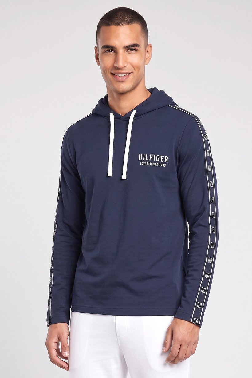 Men Brand Logo Long Sleeve Hooded Sleepwear, Dark Navy