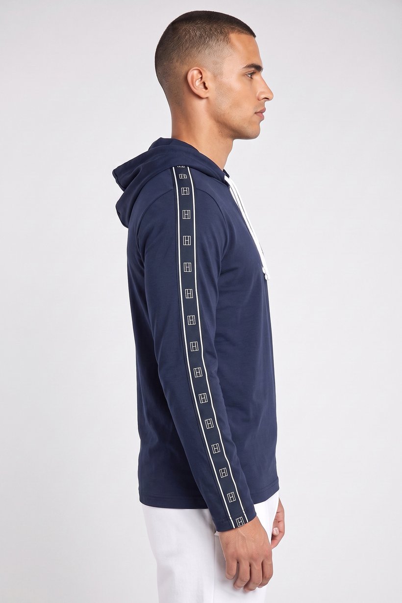Men Brand Logo Long Sleeve Hooded Sleepwear, Dark Navy