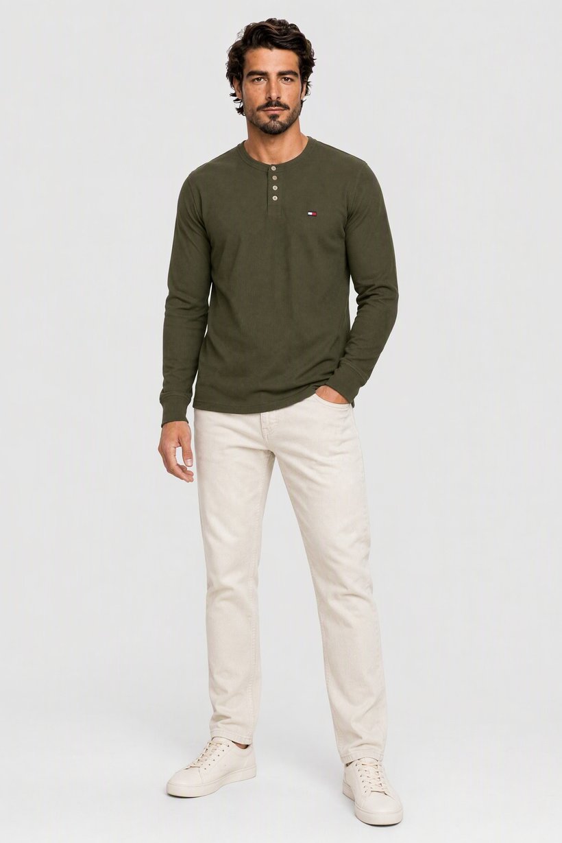 Men Crew Neck Long Sleeve Embroidered Logo T-Shirt, Olive