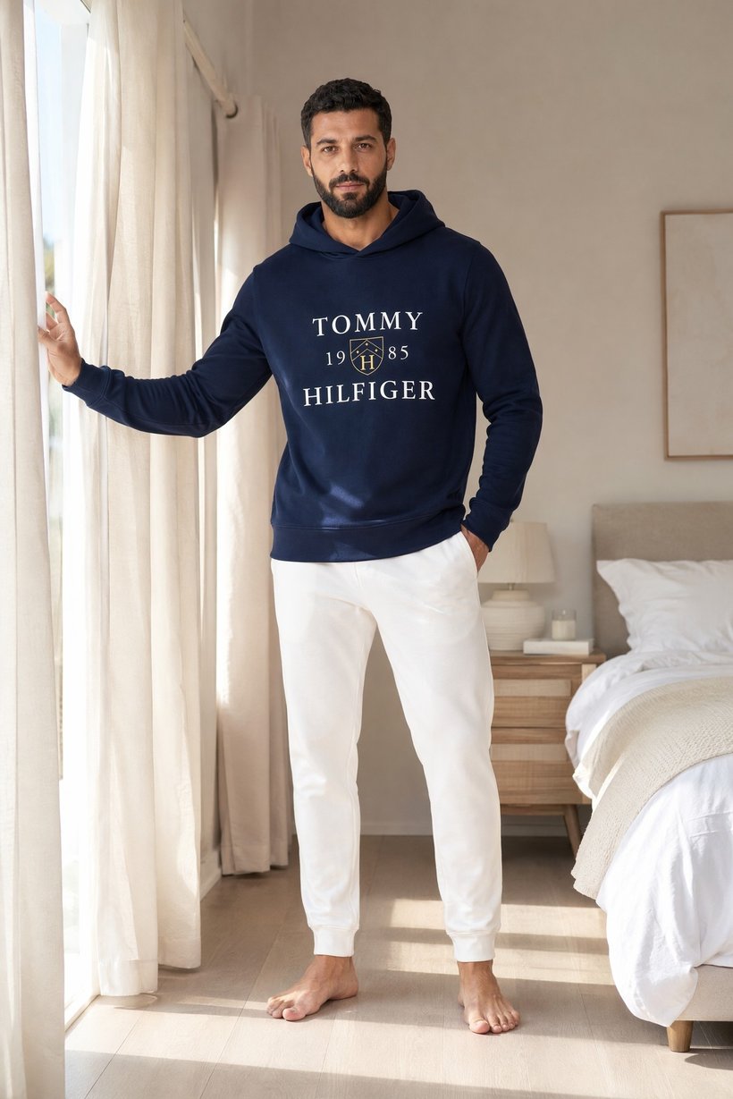 Men Graphic Print Long Sleeve Hooded Sleepwear, Navy