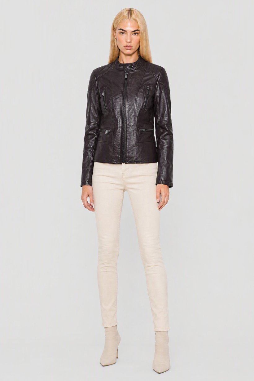 Women Solid Motorcycle Jacket, Chocolate Brown