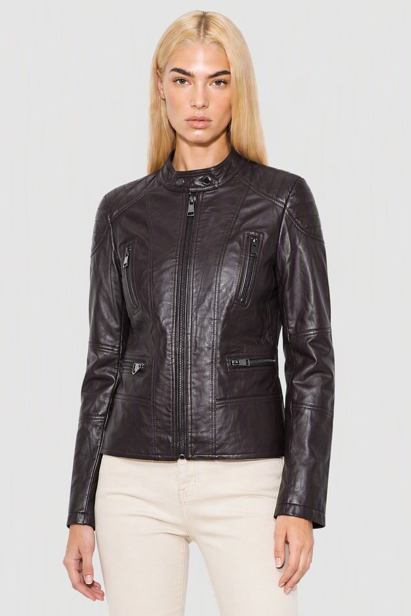 Women Solid Motorcycle Jacket, Chocolate Brown