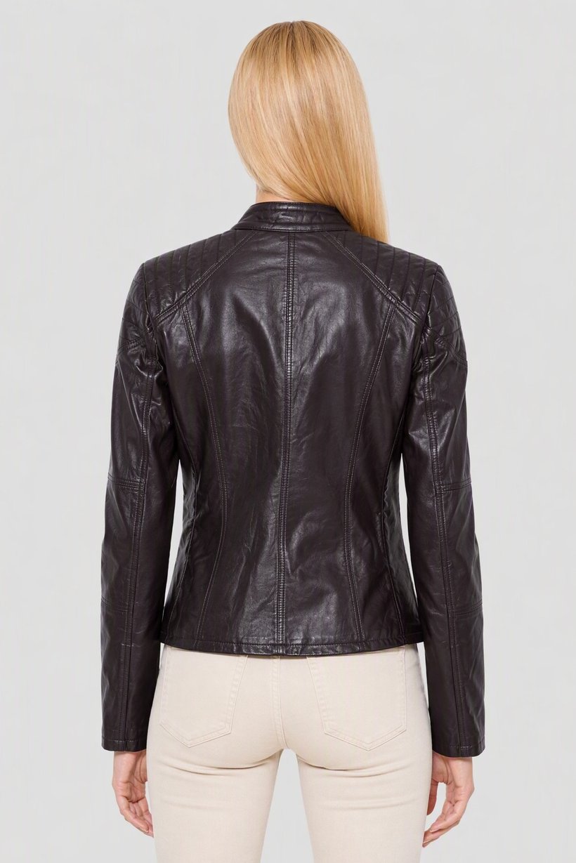 Women Solid Motorcycle Jacket, Chocolate Brown