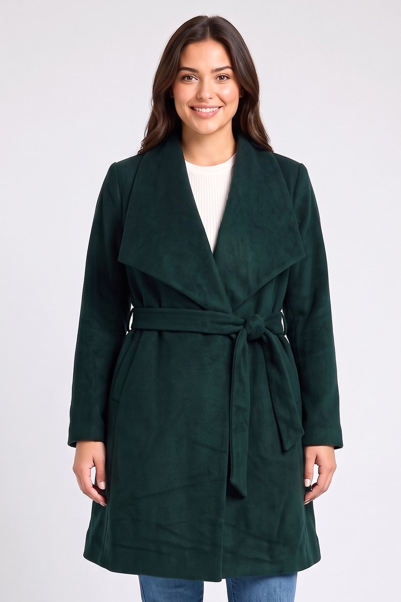 Women Textured Belted Trench Coat, Dark Green