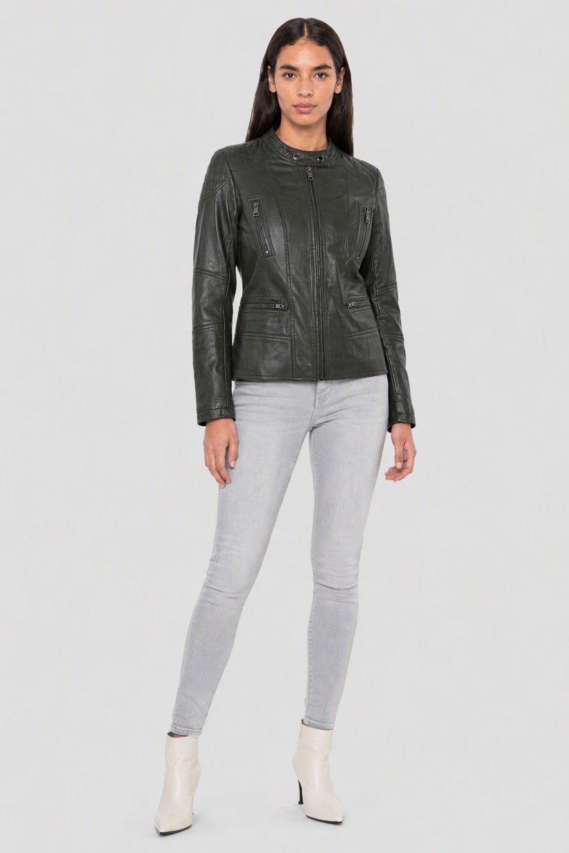 Women Plain Motorcycle Jacket, Dark Green