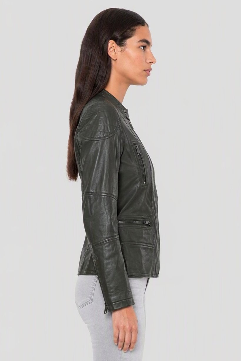 Women Plain Motorcycle Jacket, Dark Green