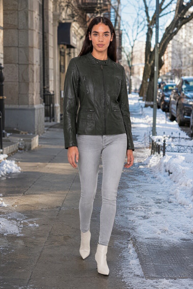 Women Plain Motorcycle Jacket, Dark Green
