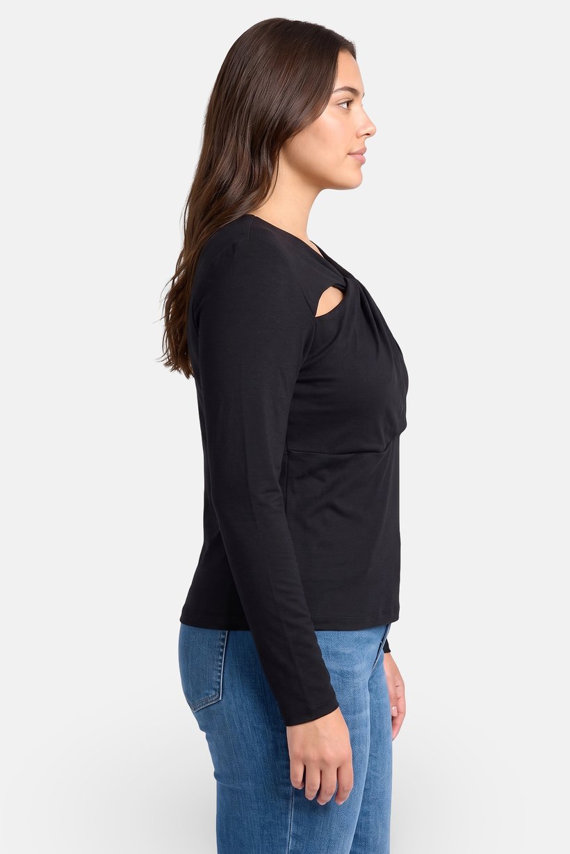 Women Twist Neck Long Sleeve Solid Top, Black