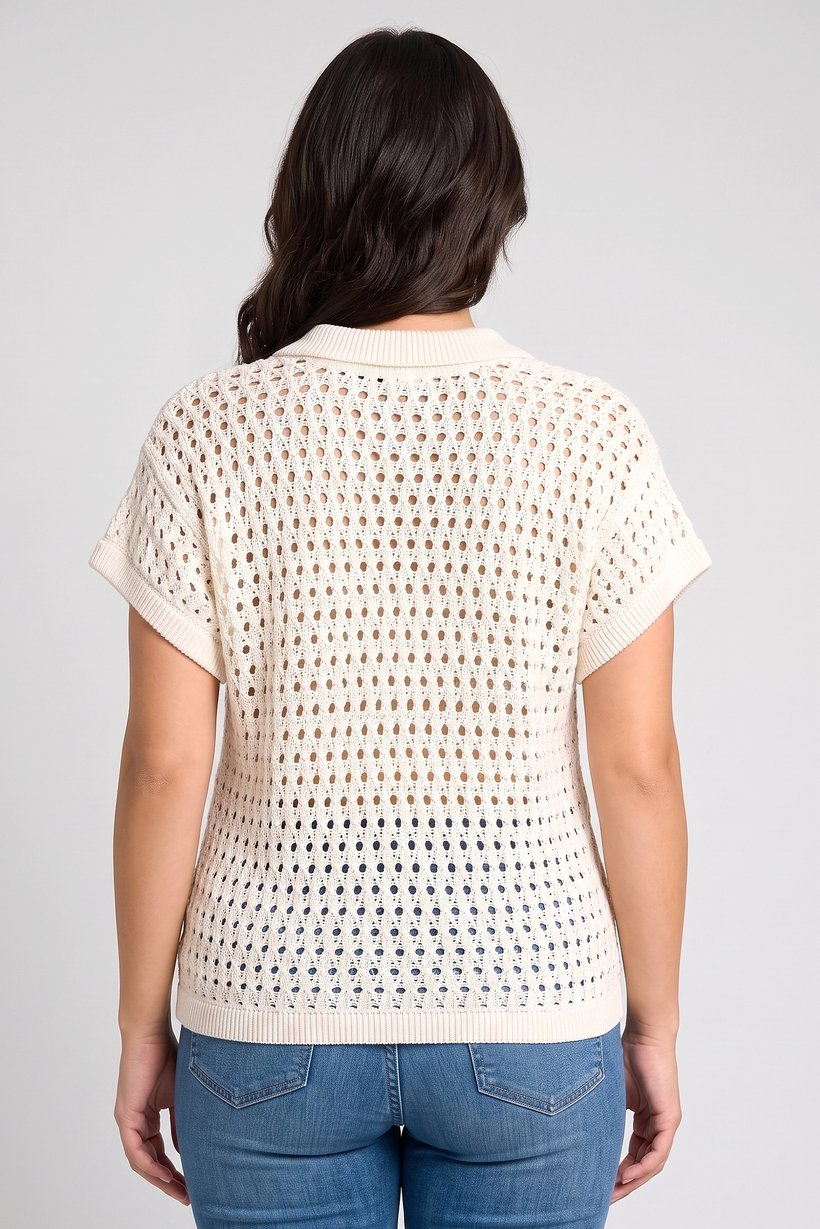 Women Spread Collar Short Sleeve Crochet Polo Shirt, Cream