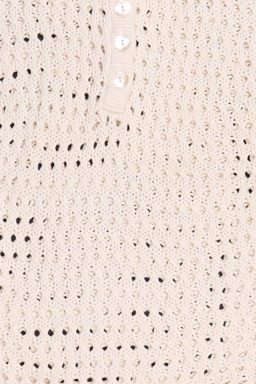 Women Spread Collar Short Sleeve Crochet Polo Shirt, Cream