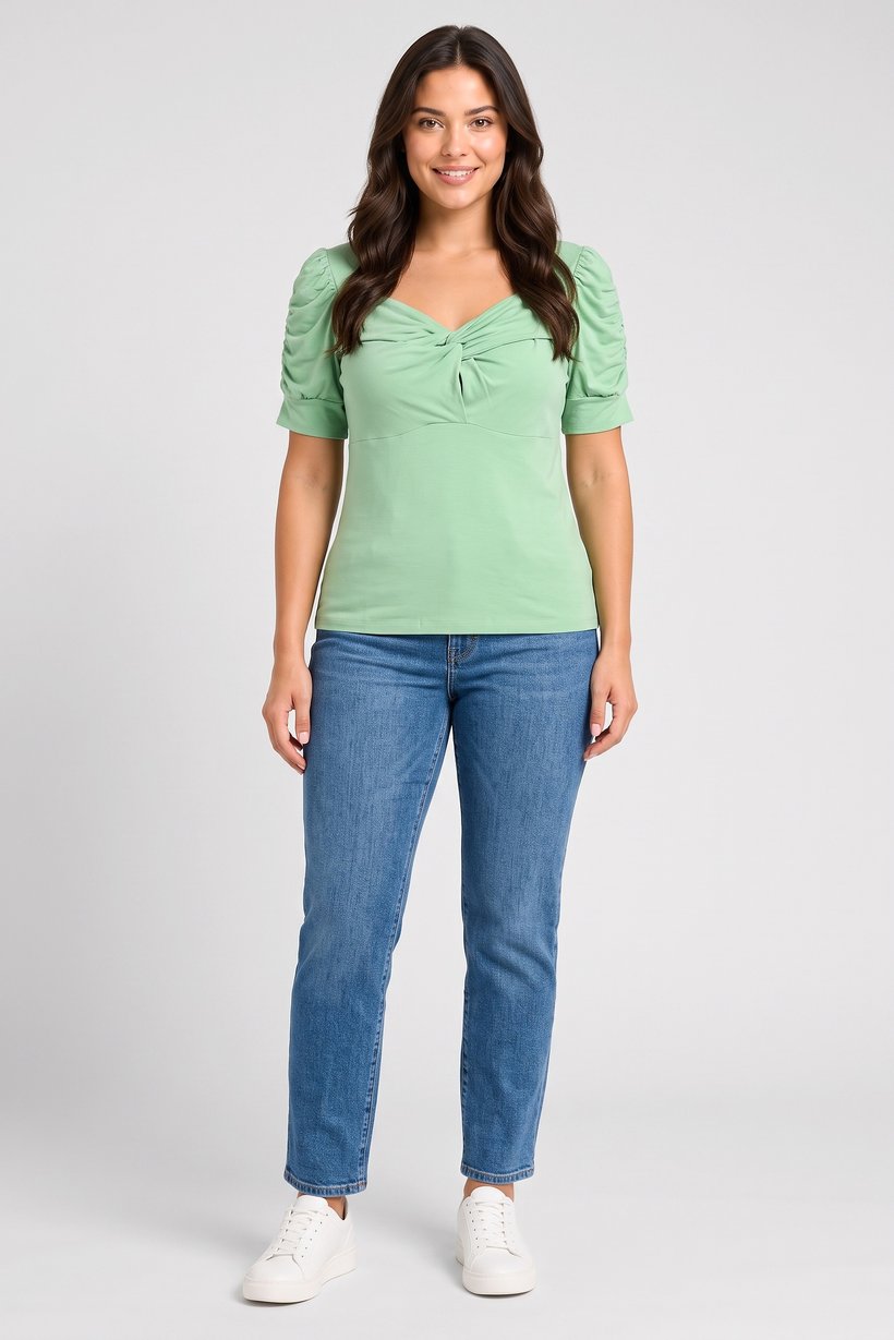 Women V Neck Plain Short Sleeve Top, Light Green