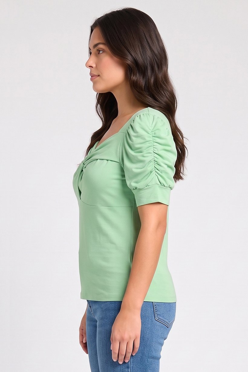 Women V Neck Plain Short Sleeve Top, Light Green