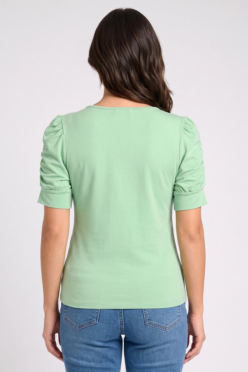 Women V Neck Plain Short Sleeve Top, Light Green
