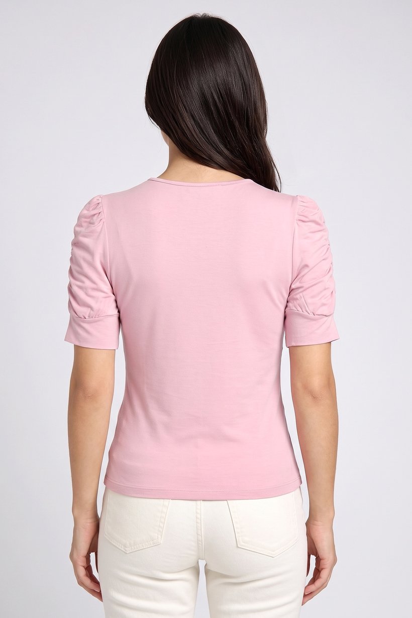Women Twist Neck Short Sleeve Solid Top, Dusty Pink