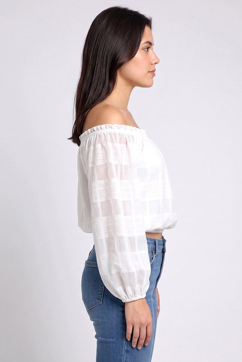 Women Off Shoulder Long Sleeve Textured Top, White