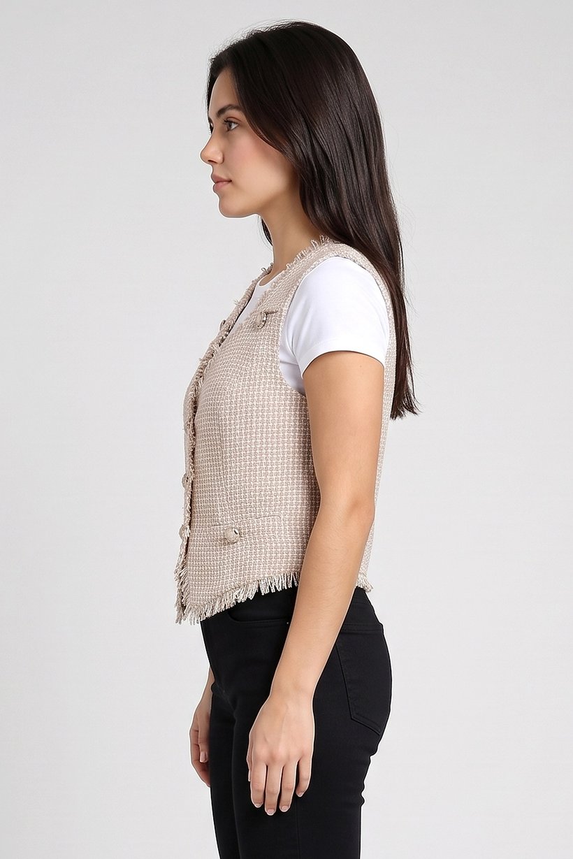 Women Regular Fit Textured Waistcoat, Beige