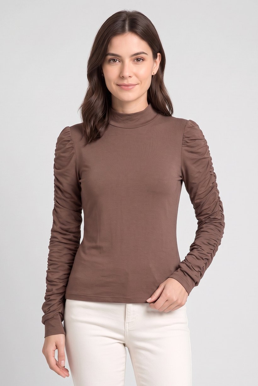 Women Mock Neck Long Sleeve Solid Top, Brown
