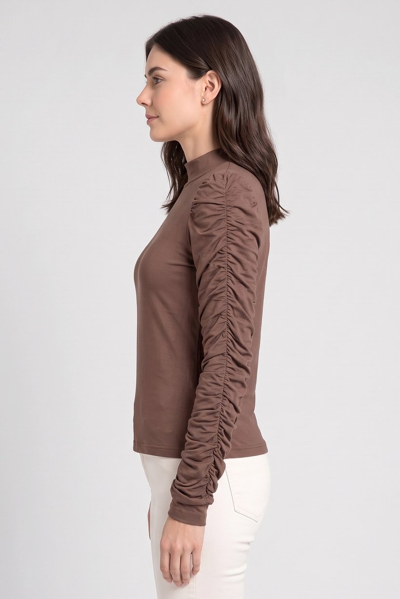 Women Mock Neck Long Sleeve Solid Top, Brown