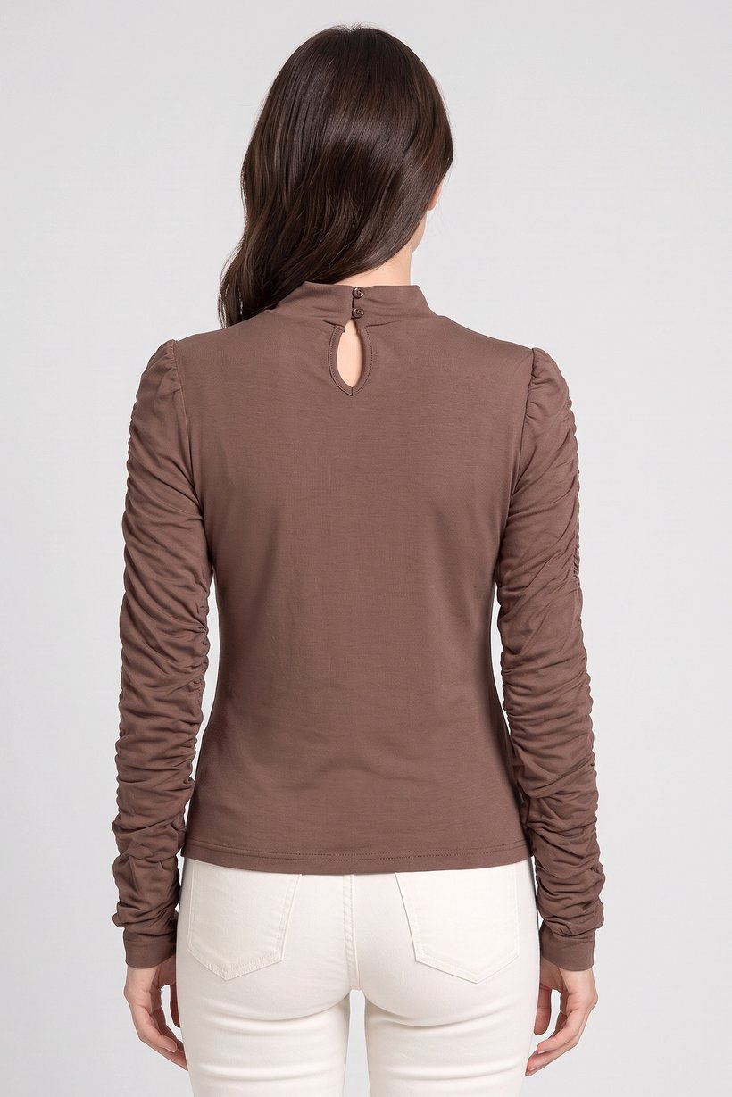 Women Mock Neck Long Sleeve Solid Top, Brown