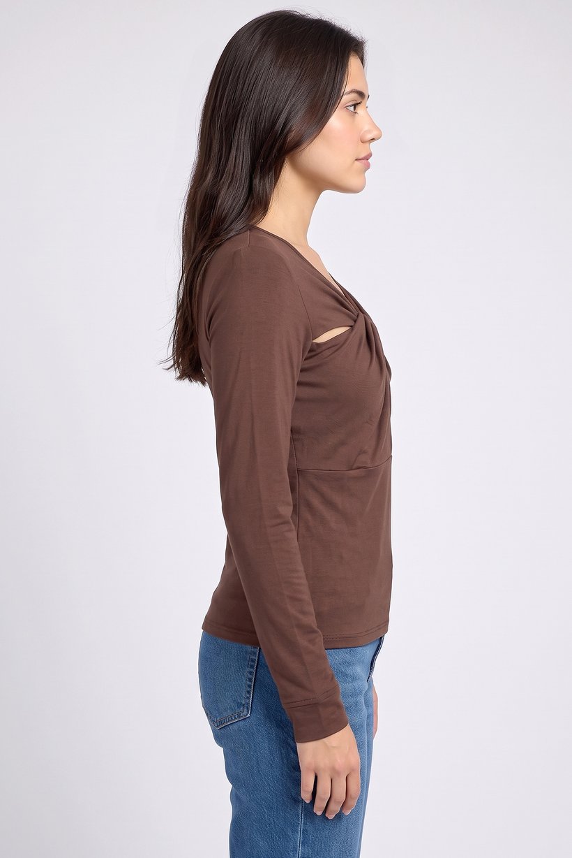 Women V Neck Long Sleeve Plain Top, Chocolate