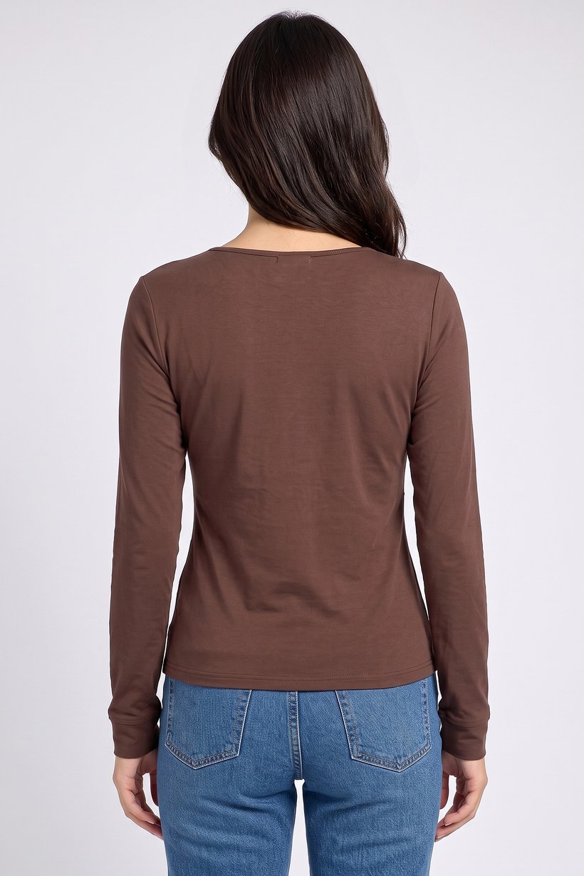 Women V Neck Long Sleeve Plain Top, Chocolate