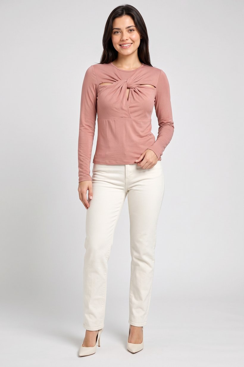 Women Twist Neck Long Sleeve Solid Top, Old Rose