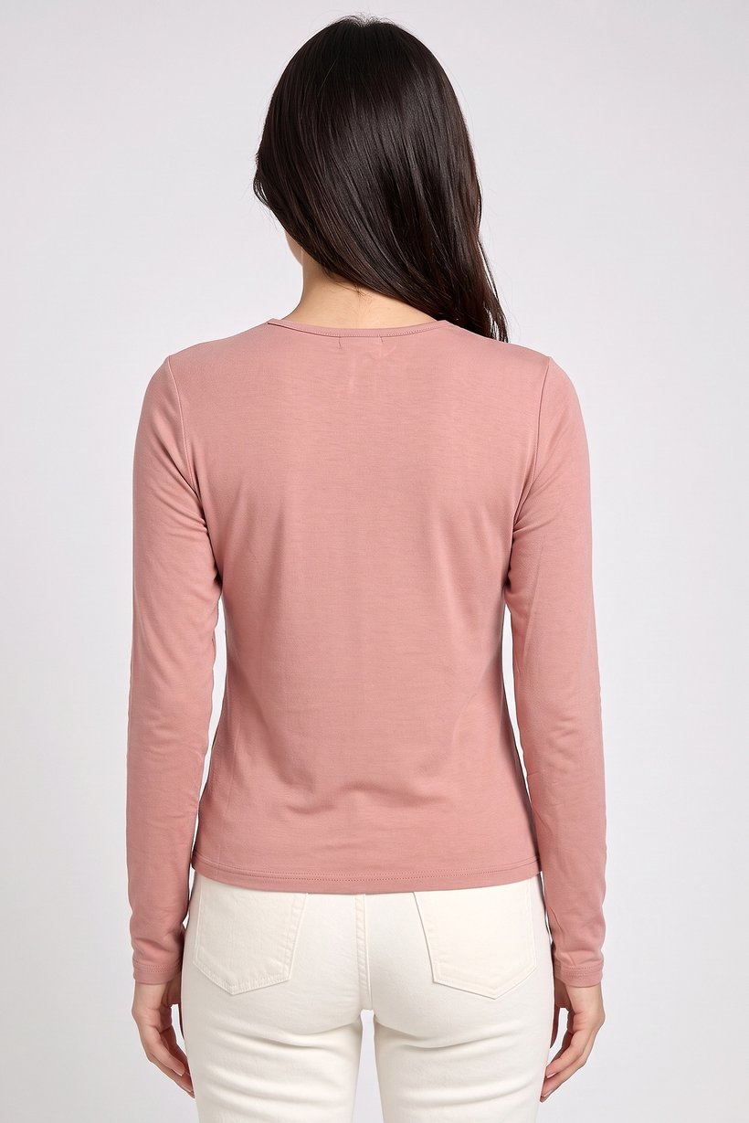 Women Twist Neck Long Sleeve Solid Top, Old Rose