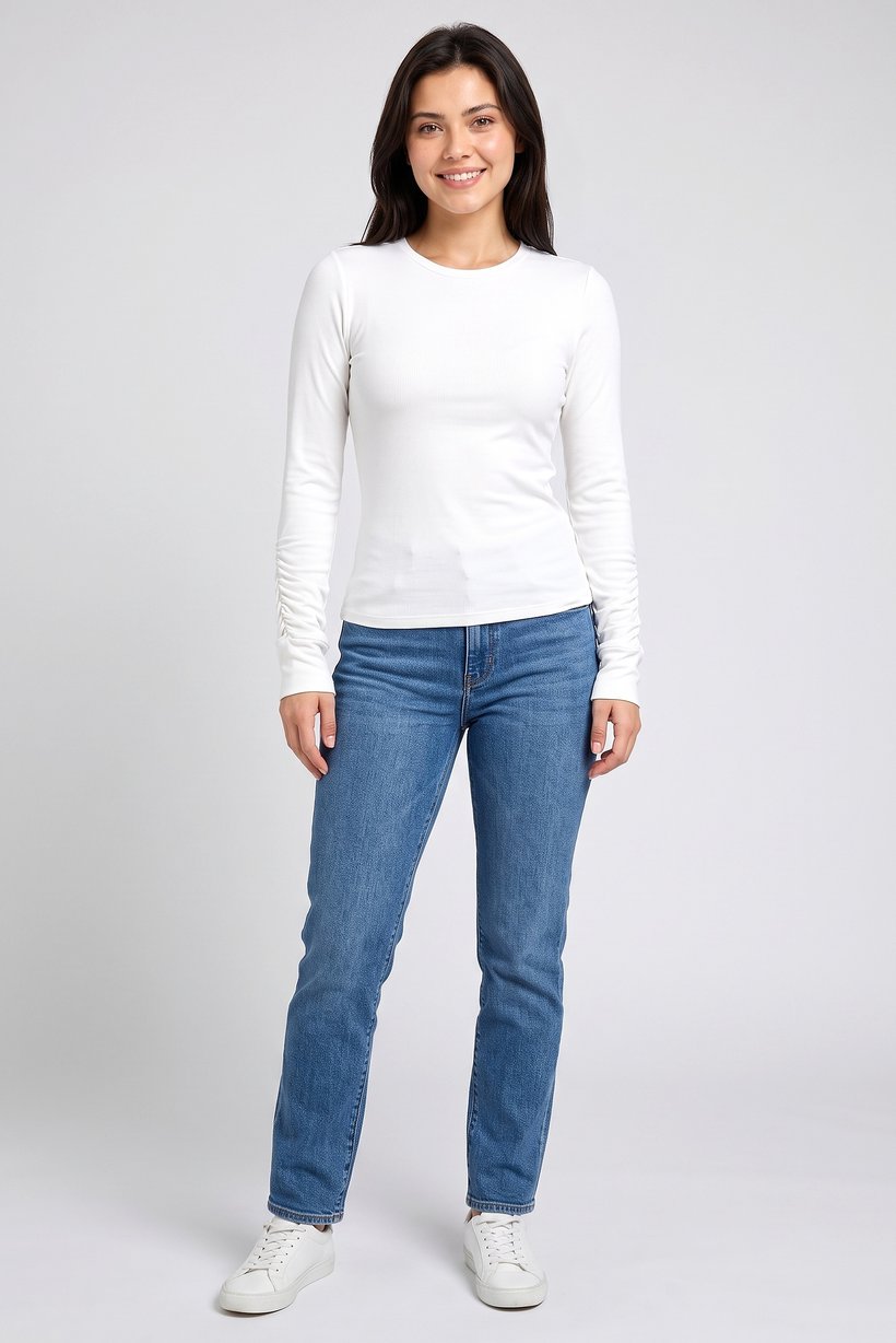 Women Crew Neck Solid Long Sleeve Top, White