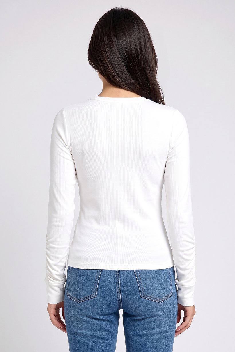 Women Crew Neck Solid Long Sleeve Top, White
