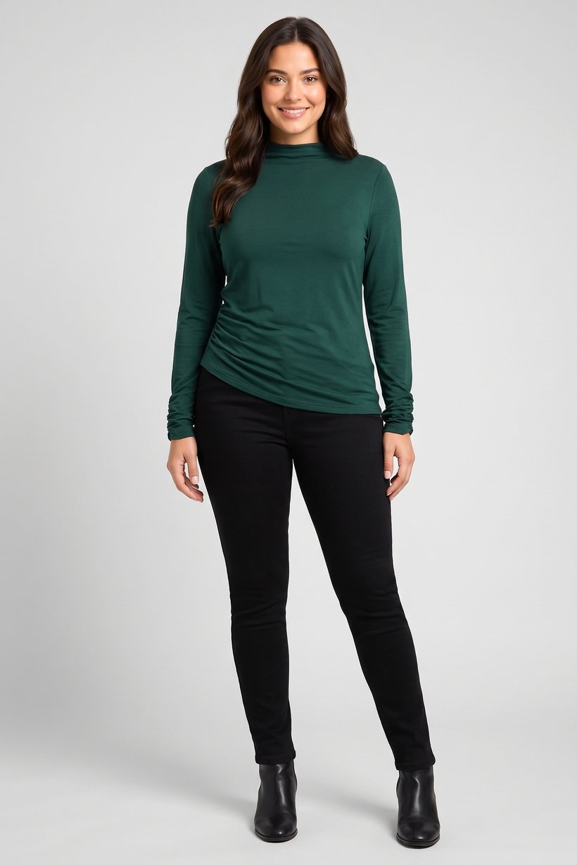 Women Mock Neck Long Sleeve Solid Top, Dark Green