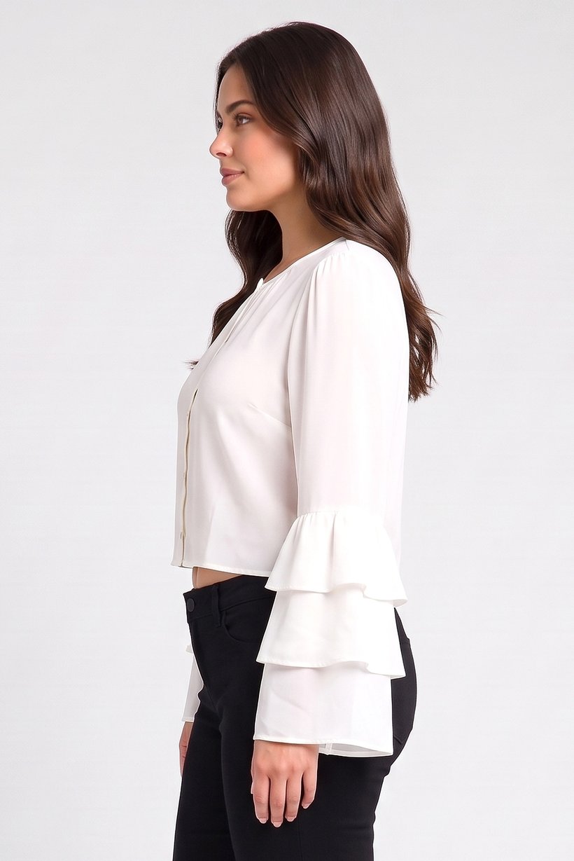 Women Round Neck Long Sleeve Plain Top, Ivory