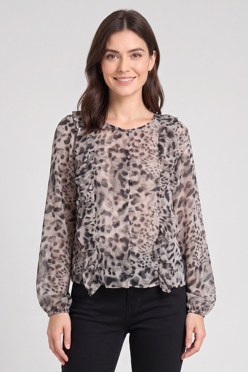 Women Round Neck Long Sleeve Animal Print Blouse, Multicolor