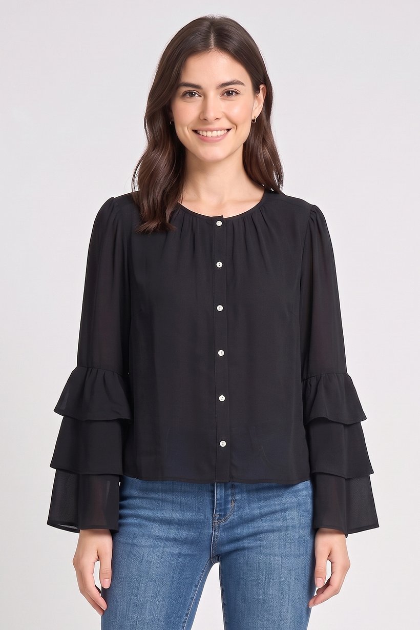 Women Round Neck Long Sleeve Plain Blouse, Black