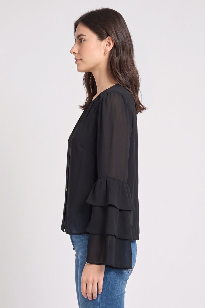 Women Round Neck Long Sleeve Plain Blouse, Black