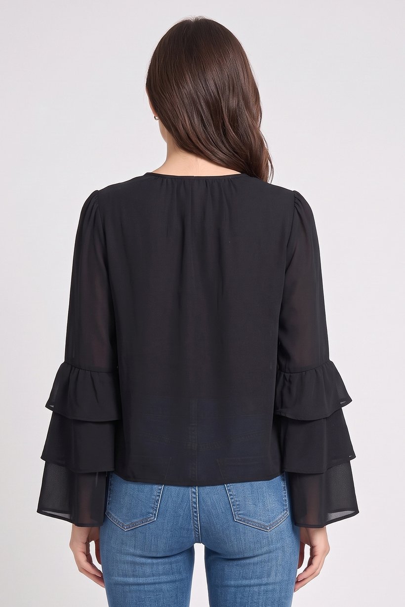 Women Round Neck Long Sleeve Plain Blouse, Black