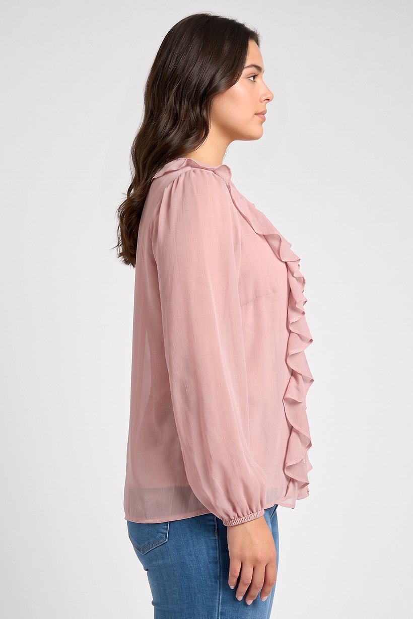 Women Round Neck Long Sleeve Textured Blouse, Blush Pink
