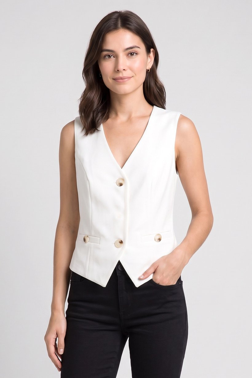 Women Regular Fit Solid Sleeveless Waistcoat, White