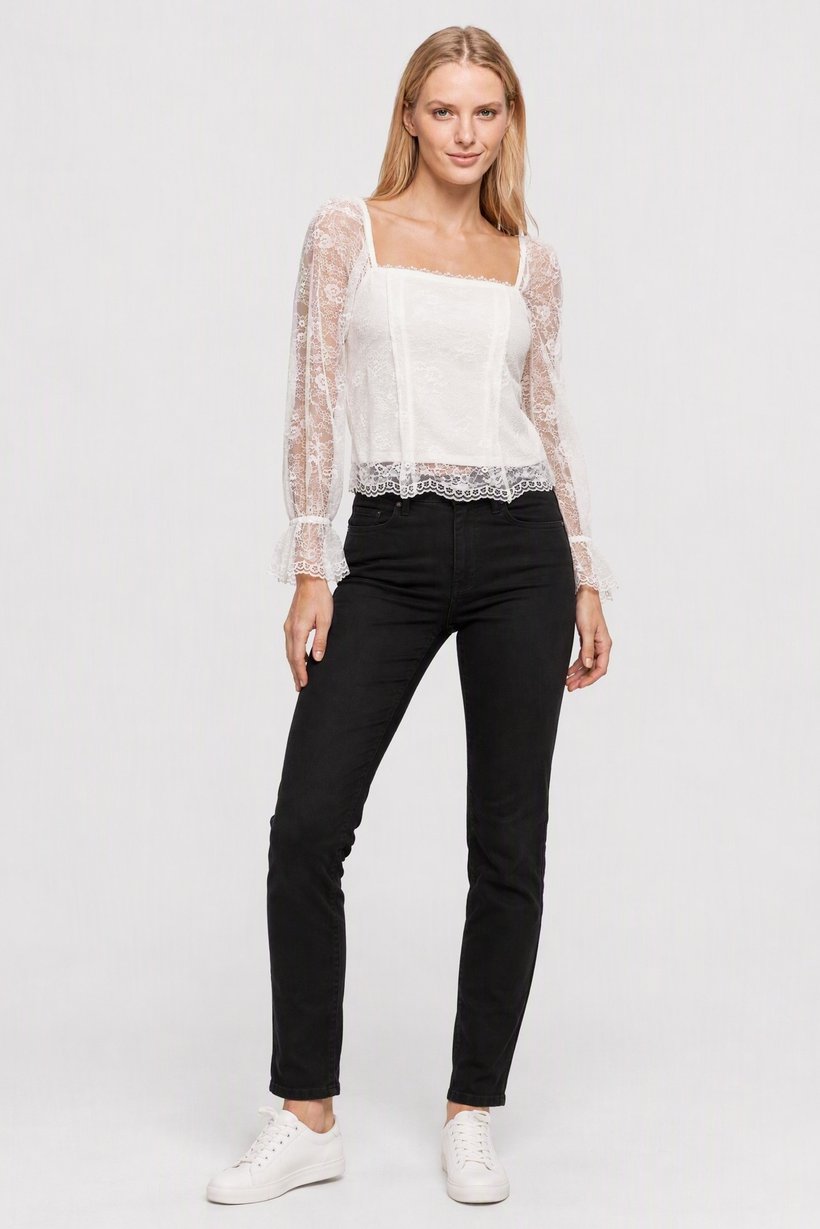 Women Square Neck Long Sleeve Textured Top, White