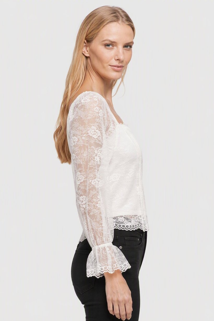 Women Square Neck Long Sleeve Textured Top, White