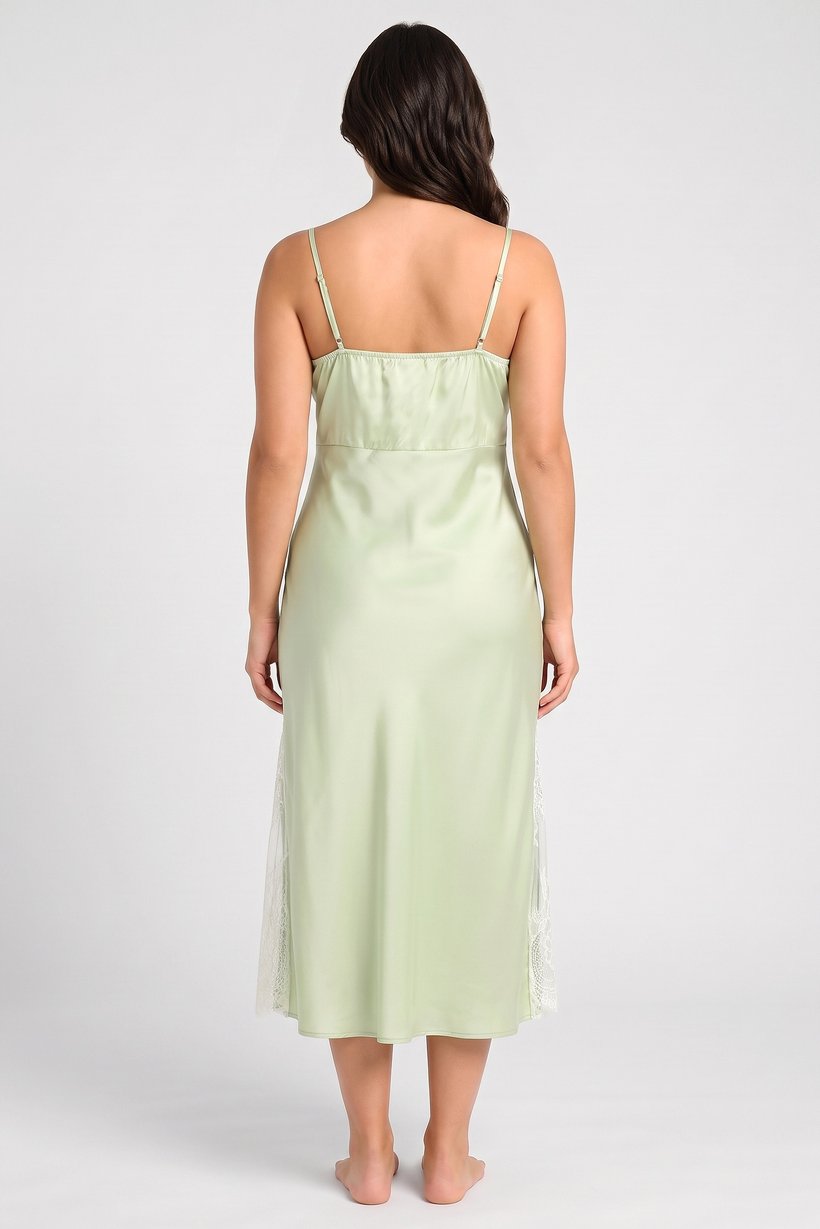 Women Plain Lace Trim Sleepwear Maxi Dress, Light Green