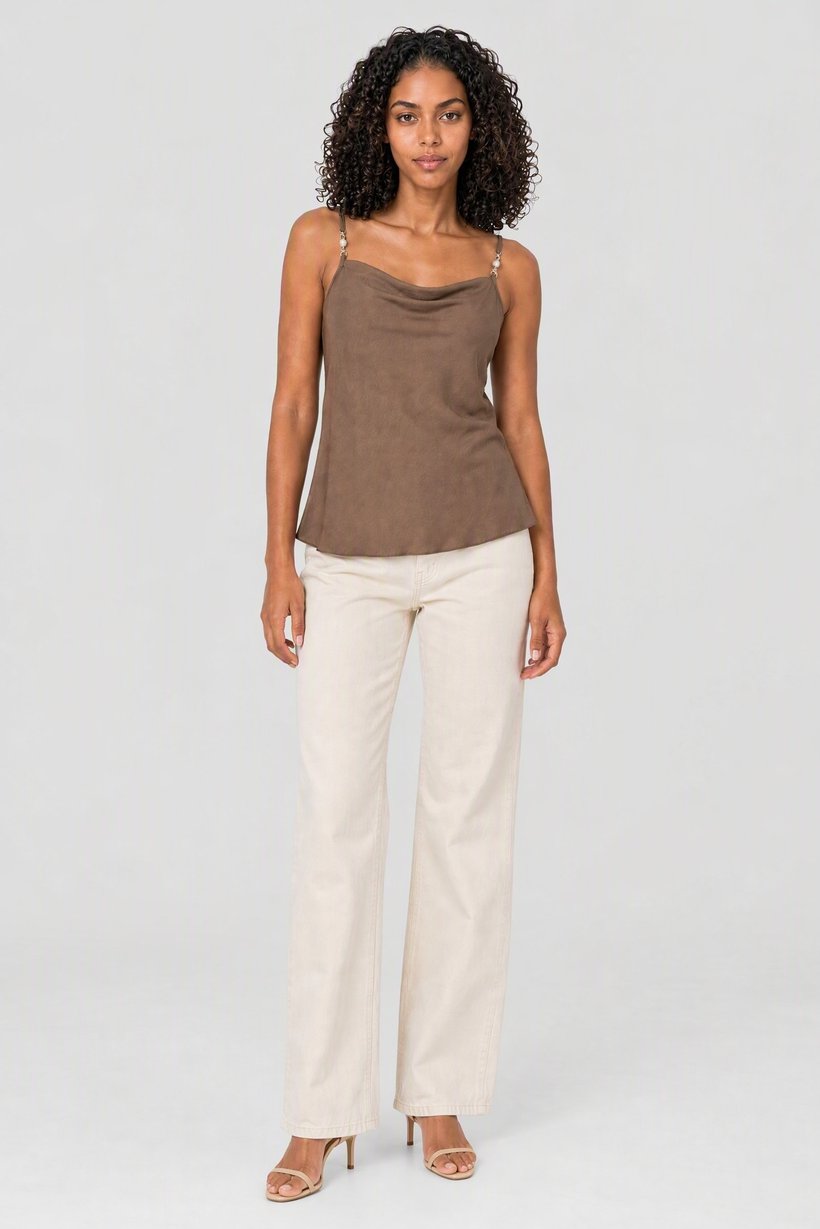 Women Cowl Neck Sleeveless Solid Tank Top, Brown