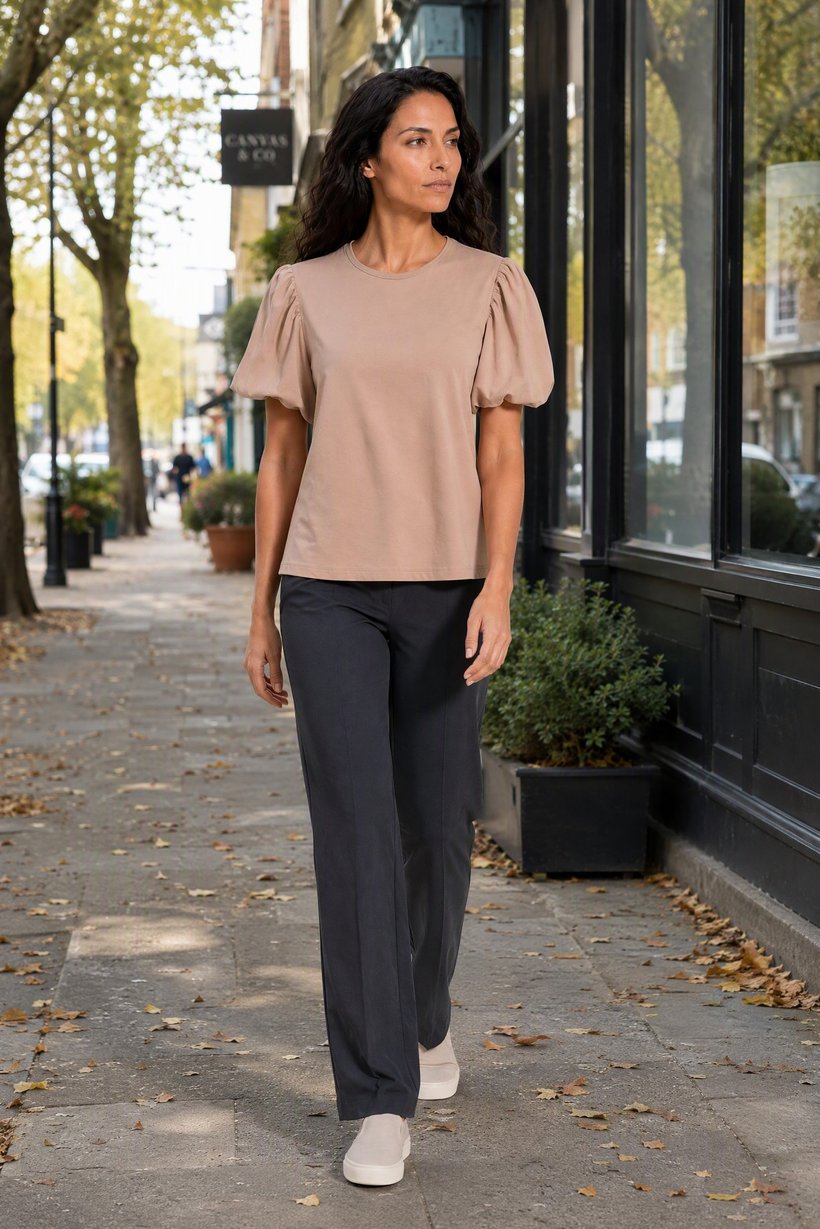 Women Crew Neck Bubble Sleeve Plain Blouse, Light Tan