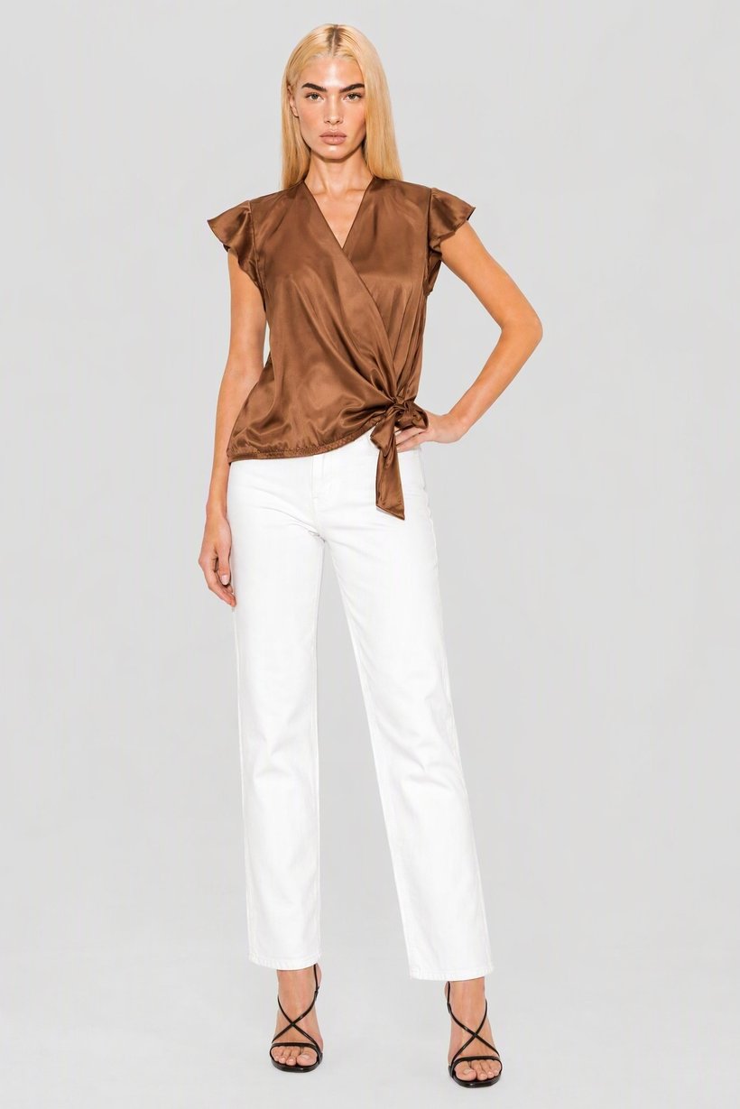 Women Split Neck Cap Sleeve Plain Blouse, Brown
